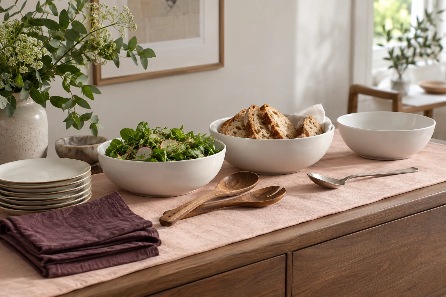 Serveringsskålar, bröd, sallad och tallrikar på ett dukat sideboard.